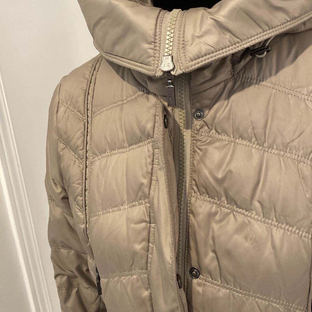 DECENTLY, DUCK DOWN WARM fitted Hooded midi length tan Puffer Coat SIZE MEDIUM - Picture 7 of 17
